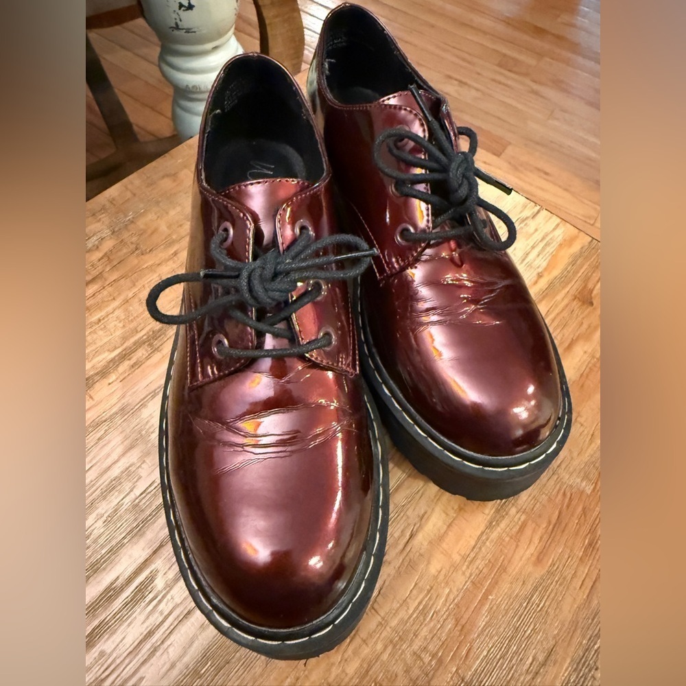 Wild Pair Brown Combat Doc Shoes Chunky Sole Burgundy Patent Leather